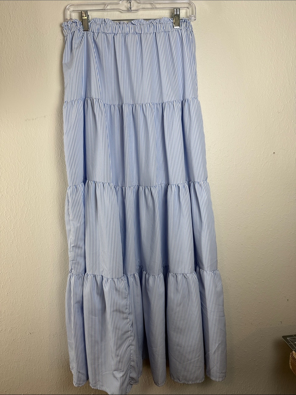 Striped Light Blue Tiered Maxi Skirt with Elastic Waist